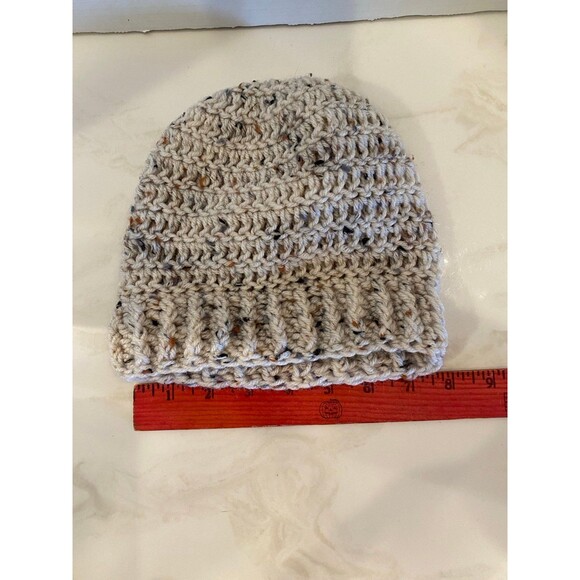 Hand Knitted Cozy Small Beanie Boho Hat Tan Variegated Yarn Thick & Warm - Picture 2 of 8